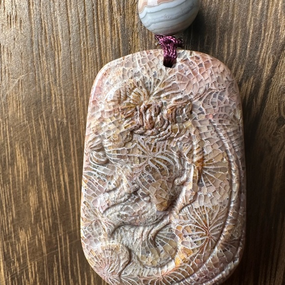 Handcrafted Coral Fossil Lady Pendant Necklace, Botswana Agate on Brown Rope - Picture 7 of 13